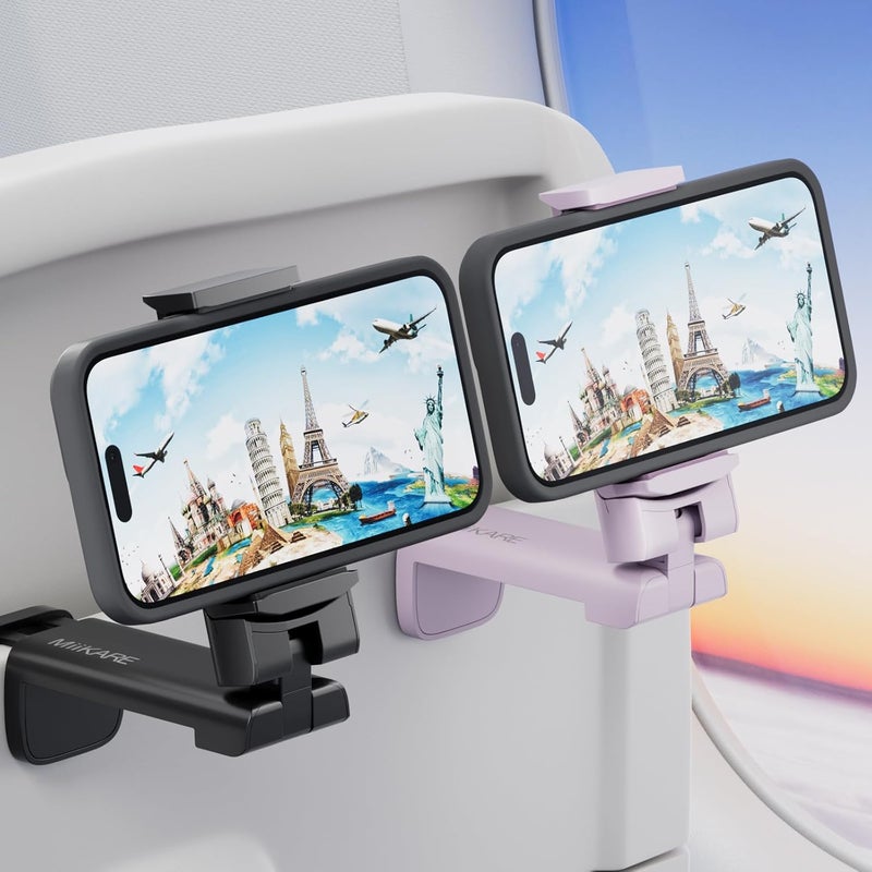 MiiKARE Travel Essentials Airplane Phone Holder, Universal Handsfree Phone Mount for Flying with 360 Degree Rotation, Travel Must Haves Phone Stand for Desk, Tray Table, Black&Purple - Image 1