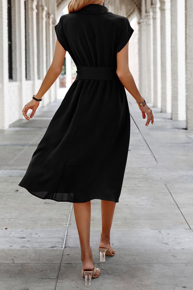 ECOWISH Womens 2025 Spring Summer Casual Short Sleeve Midi Dresses V Neck Button Down Belted Shirt Dress with Pockets Blue M - Image 3