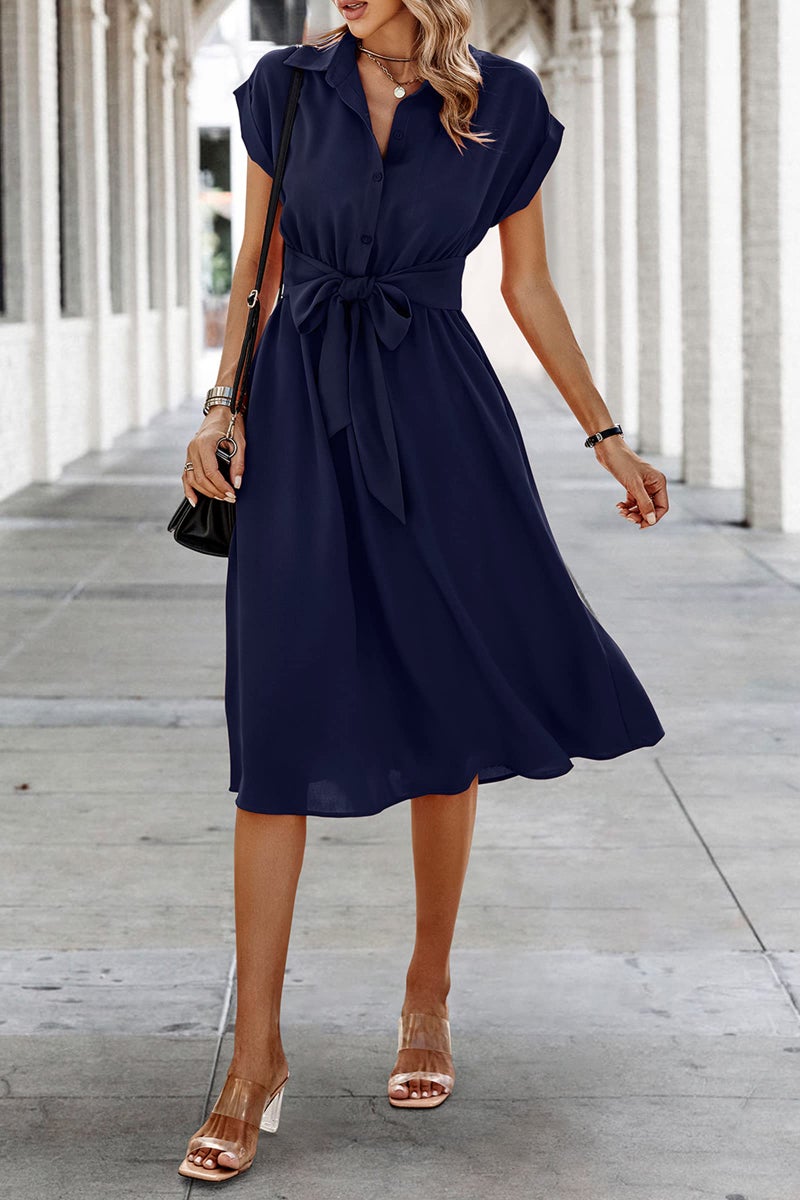 ECOWISH Womens 2025 Spring Summer Casual Short Sleeve Midi Dresses V Neck Button Down Belted Shirt Dress with Pockets Blue M - Image 2