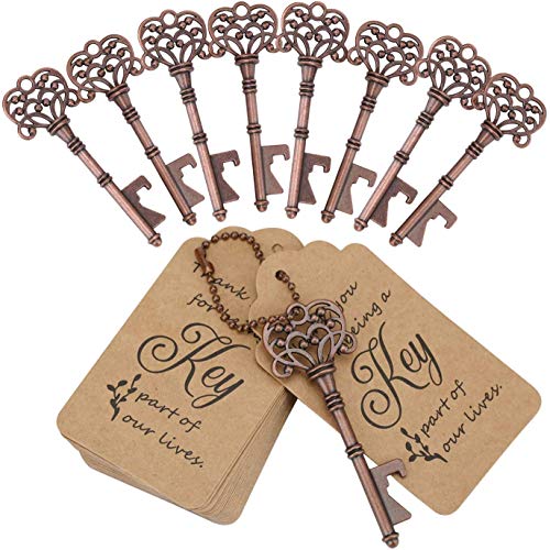 WODEGIFT 100 PCS Wedding Favors Party Favors Key Bottle OpenerVintage Skeleton Key Bottle Openers with Escort Tag Cards and Key ChainsRed Copper - Image 1