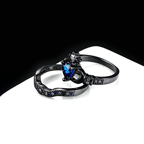 JAJAFOOK Blue Zirconia Heart Cut Bridal Princess Crown Irish Claddagh Black Gold Plated Eternity Band Rings - Image 4