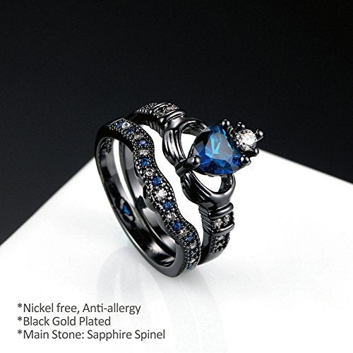 JAJAFOOK Blue Zirconia Heart Cut Bridal Princess Crown Irish Claddagh Black Gold Plated Eternity Band Rings - Image 3