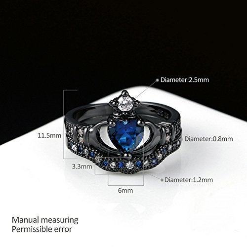 JAJAFOOK Blue Zirconia Heart Cut Bridal Princess Crown Irish Claddagh Black Gold Plated Eternity Band Rings - Image 2