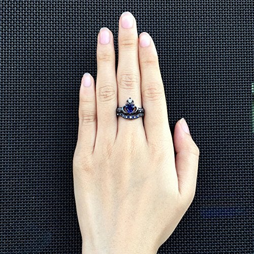 JAJAFOOK Blue Zirconia Heart Cut Bridal Princess Crown Irish Claddagh Black Gold Plated Eternity Band Rings - Image 5