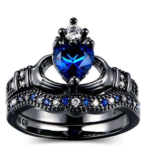 JAJAFOOK Blue Zirconia Heart Cut Bridal Princess Crown Irish Claddagh Black Gold Plated Eternity Band Rings - Image 1