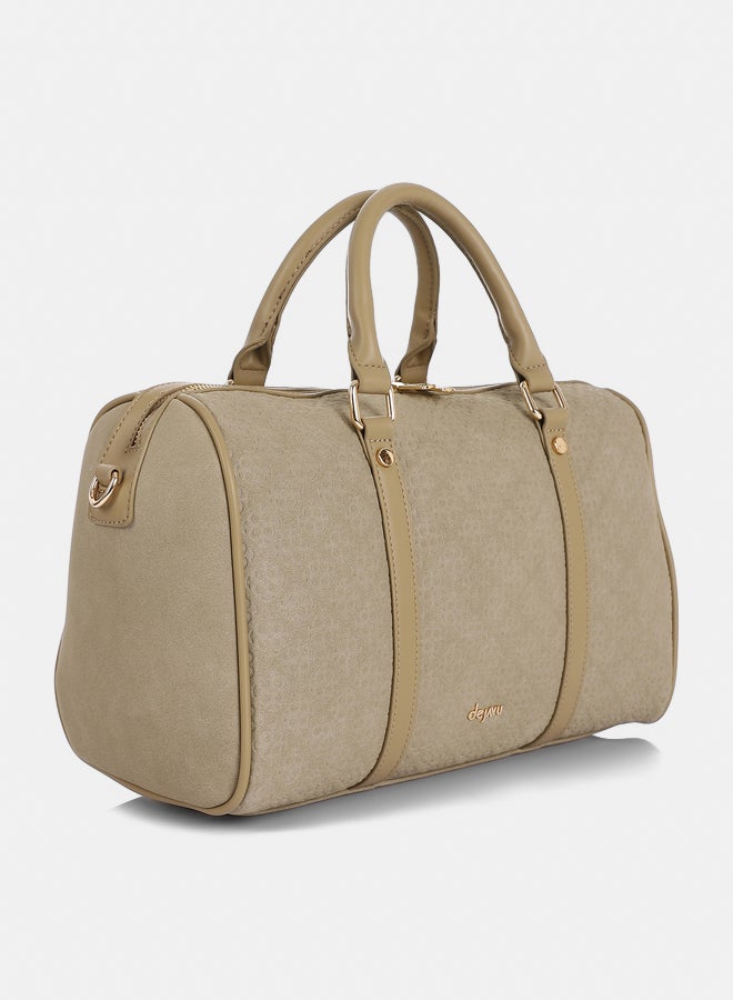 DejaVu Embossed Logo Pattern Beige Top Handle Bag - Image 2