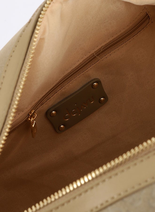DejaVu Embossed Logo Pattern Beige Top Handle Bag - Image 5