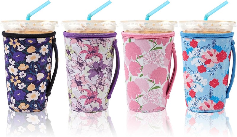 4 Pack Iced Coffee Sleeve,reusable Neoprene Cup Sleeves Suitable For Beverage Sleeve For Hot And Cold Coffee Or Ice Drink Coffee Cup Coffee cup sleeve for Starbucks coffee cup(Cute flowers,22-24 OZ) - Image 1