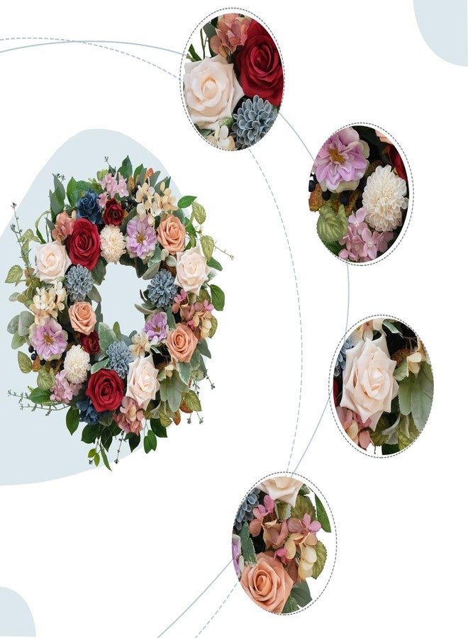 Bibelot 22 Inch Spring/Summer Floral Wreaths for Front Door,Artificial Valentines Day Wreath with Roses Dahlias Gardenias Hydrangeas for Home Wall Window Wedding Party Festival Decor - Image 3