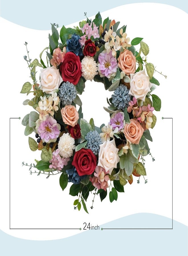 Bibelot 22 Inch Spring/Summer Floral Wreaths for Front Door,Artificial Valentines Day Wreath with Roses Dahlias Gardenias Hydrangeas for Home Wall Window Wedding Party Festival Decor - Image 4