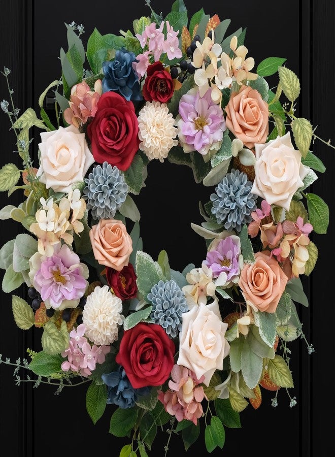 Bibelot 22 Inch Spring/Summer Floral Wreaths for Front Door,Artificial Valentines Day Wreath with Roses Dahlias Gardenias Hydrangeas for Home Wall Window Wedding Party Festival Decor - Image 1