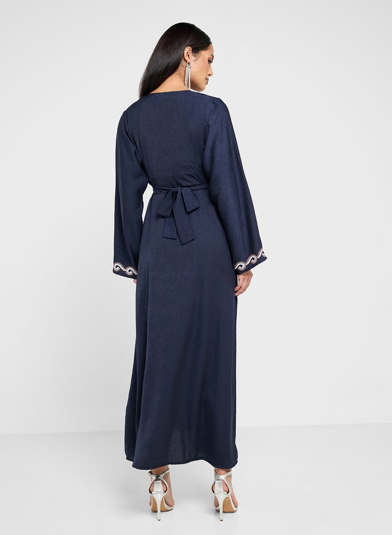 hayas closet Straight Sleeve Crew Neck Emroidered Belted Abaya - Image 2