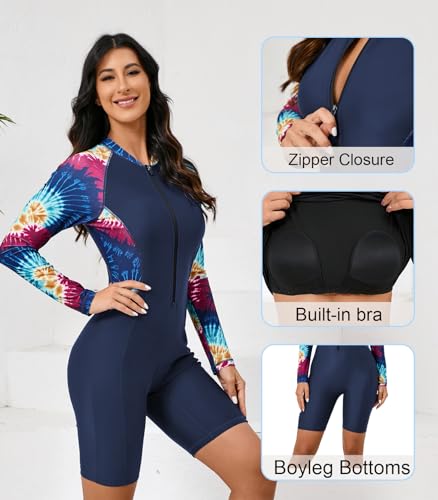 Halcurt Women's Boyleg One Piece Rash Guard with Built in Bra UPF50+ Zip Long Sleeve Full Body Modest Swimsuit Navy Colorful Tie Dye S - Image 3