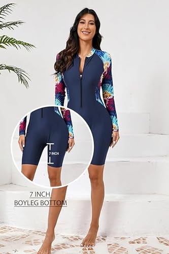 Halcurt Women's Boyleg One Piece Rash Guard with Built in Bra UPF50+ Zip Long Sleeve Full Body Modest Swimsuit Navy Colorful Tie Dye S - Image 4