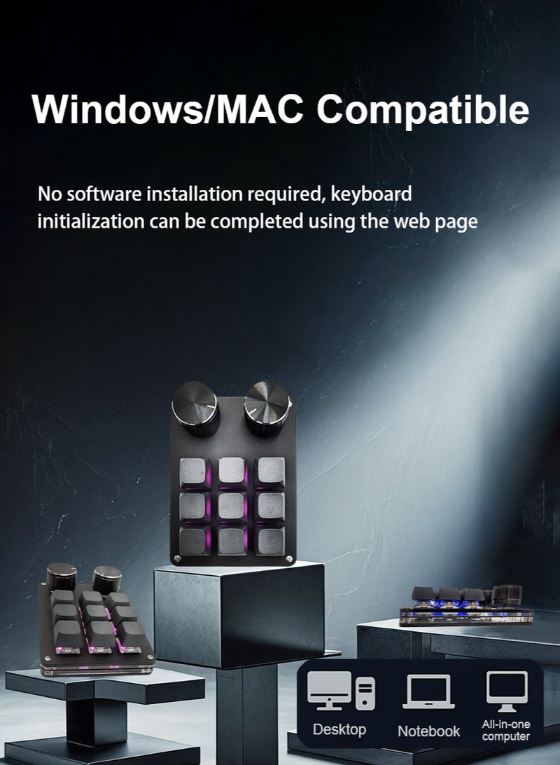 Macro keyboard, programmable, mini mechanical keyboard, can set custom game and software button combinations, with 9 keys and 2 buttons, USB connection, customized