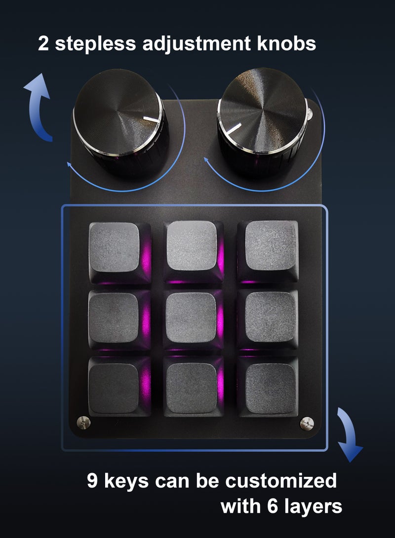 Macro keyboard, programmable, mini mechanical keyboard, can set custom game and software button combinations, with 9 keys and 2 buttons, USB connection, customized