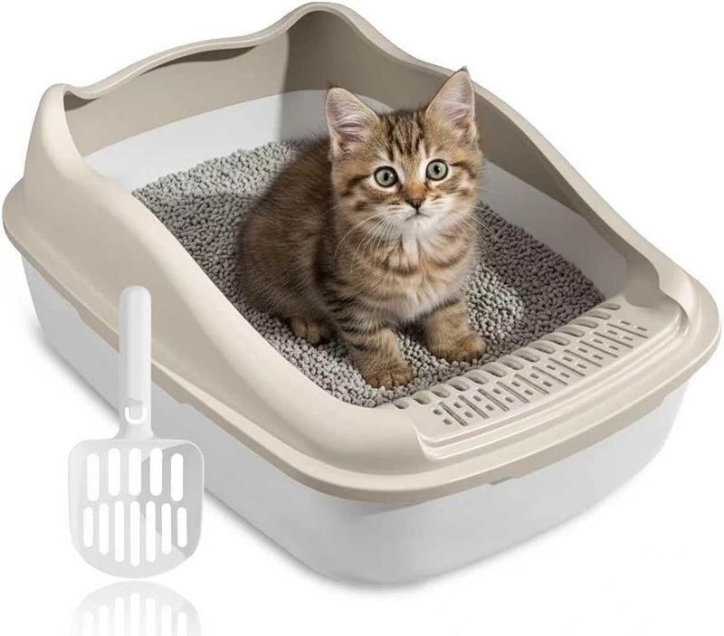 Neostyle Semi-enclosed Cat Litter Box With Round Edges Large Anti-splash Box With Cat Litter Shovel Cat Sandbox Cat Toilet (49x37x11cm) - Image 1