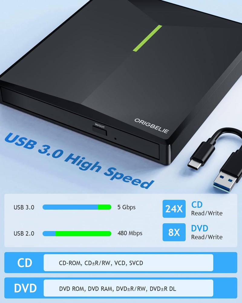 ORIGBELIE External CD DVD Drive with 4 USB Ports and 2 TF/SD Card Slots, USB 3.0 Portable CD/DVD Disk Drive Player Burner Reader Writer for Laptop Mac PC Windows 11/10/8/7 Linux OS with Carrying Case - Image 4