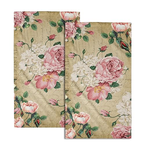 Giwawa Vintage Rose Floral Hand Towels, 15x30 in Set of 2, Retro Pink Flower Leaves Stamp Hair Face Towel Soft Highly Absorbent Shabby Chic Beige Fingertip Towel for Bathroom Girl Woman Guest Gifts - Image 1
