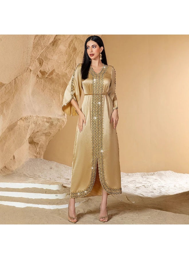 Women V Neck Satin Abaya Dress Flared Sleeve Hand Beaded Trim Belted Formal Maxi Dress - Image 2