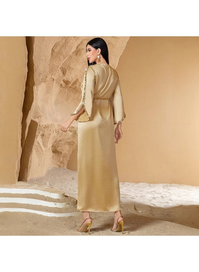 Women V Neck Satin Abaya Dress Flared Sleeve Hand Beaded Trim Belted Formal Maxi Dress - Image 1