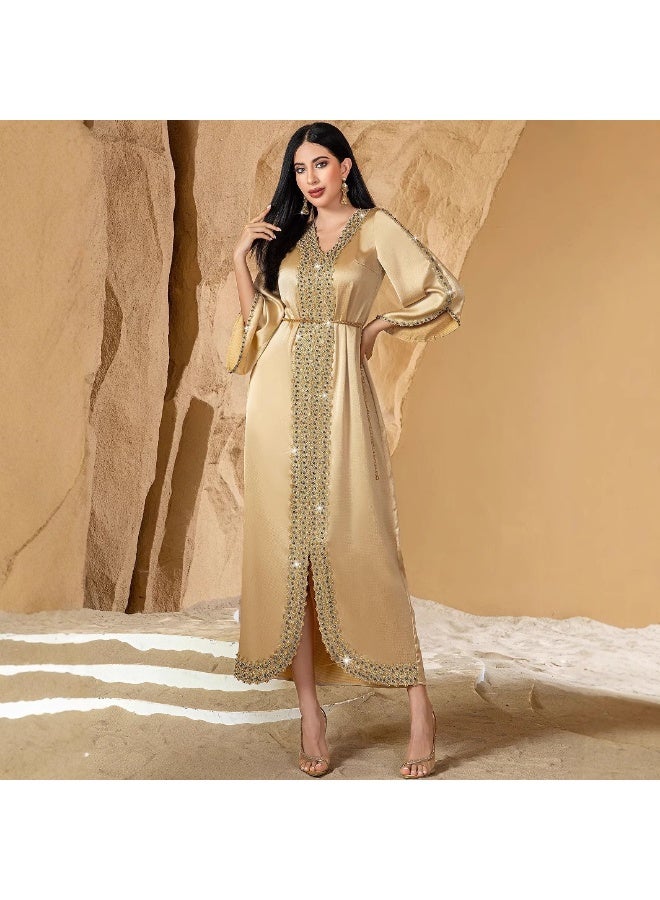 Women V Neck Satin Abaya Dress Flared Sleeve Hand Beaded Trim Belted Formal Maxi Dress - Image 3