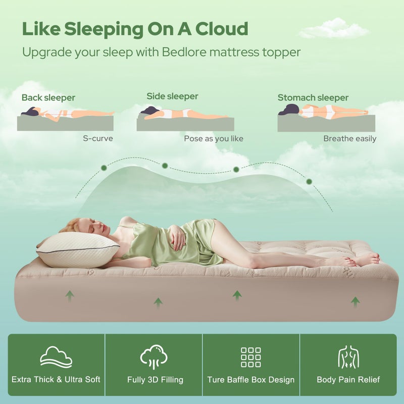 BEDLORE King Mattress Topper Viscose Derived from Bamboo, Thick Pillow Top Mattress Pad with Stretchable Pockets for 6"-18" Mattress, Soft Breathable Mattress Topper for Back Pain Relief(Beige) - Image 4