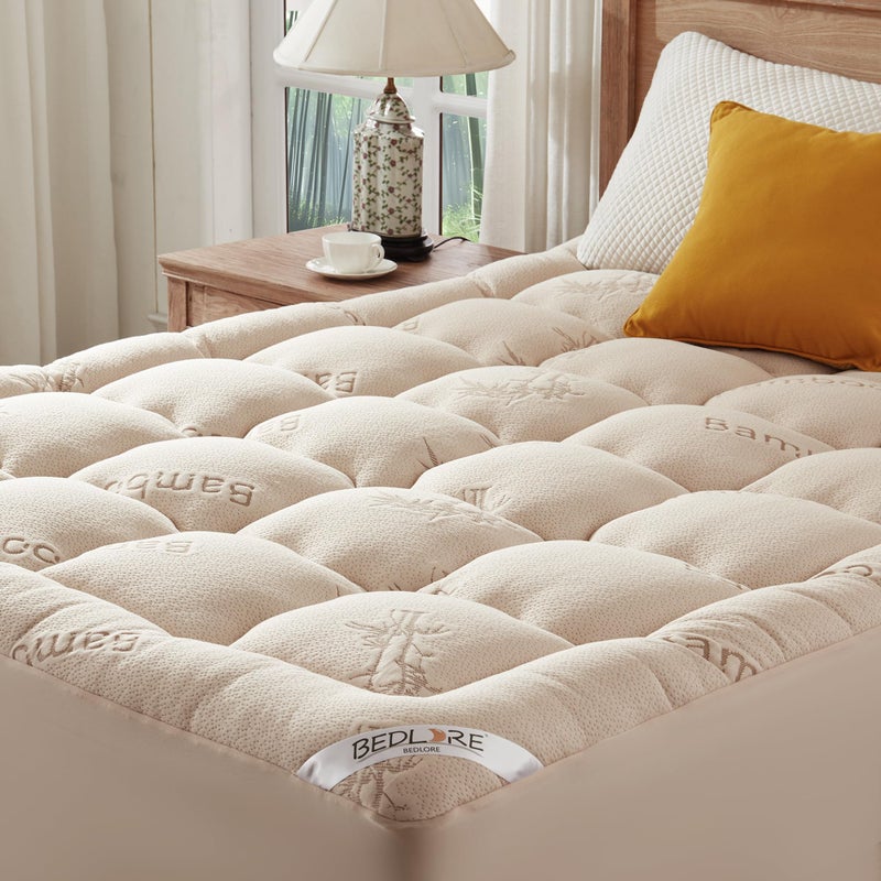 BEDLORE King Mattress Topper Viscose Derived from Bamboo, Thick Pillow Top Mattress Pad with Stretchable Pockets for 6"-18" Mattress, Soft Breathable Mattress Topper for Back Pain Relief(Beige) - Image 1