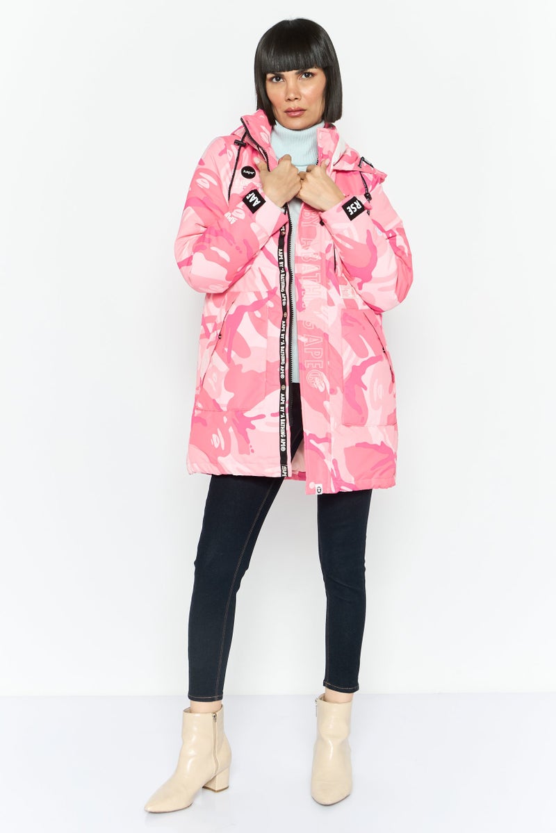 Aape By A Bathing Ape Women Embroidered Logo Hooded Jacket, Pink Combo - Image 4