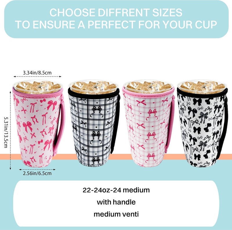 4 Pack Iced Coffee Sleeve,reusable Neoprene Cup Sleeves Suitable For Beverage Sleeves For Hot And Cold Coffee Or Ice Drink Coffee cup sleeve for Starbucks coffee cup (Bows 22-24 OZ) - Image 2