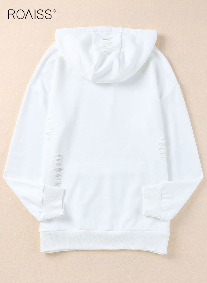 roaiss Women's Oversized Hoodie Stylish Distressed Women's Hoodie with Kangaroo Pocket Casual White Pullover Sweatshirt Long Sleeves Polyester Blend Machine Washable for Spring Fall - Image 3