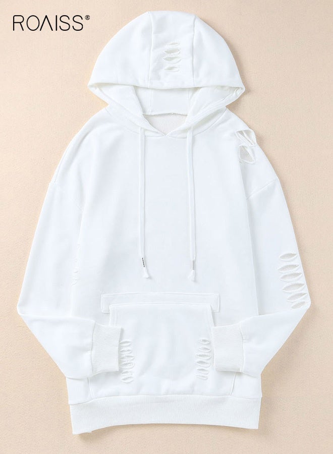 roaiss Women's Oversized Hoodie Stylish Distressed Women's Hoodie with Kangaroo Pocket Casual White Pullover Sweatshirt Long Sleeves Polyester Blend Machine Washable for Spring Fall - Image 2