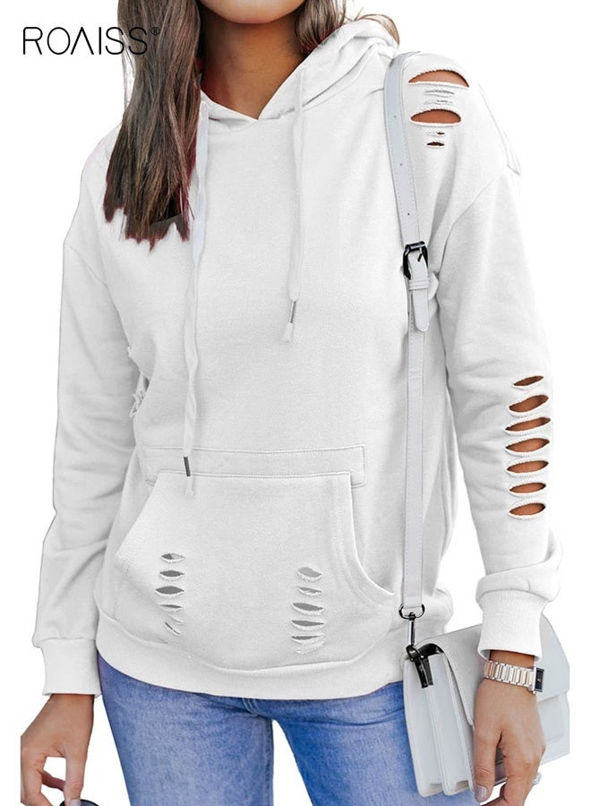 roaiss Women's Oversized Hoodie Stylish Distressed Women's Hoodie with Kangaroo Pocket Casual White Pullover Sweatshirt Long Sleeves Polyester Blend Machine Washable for Spring Fall - Image 1