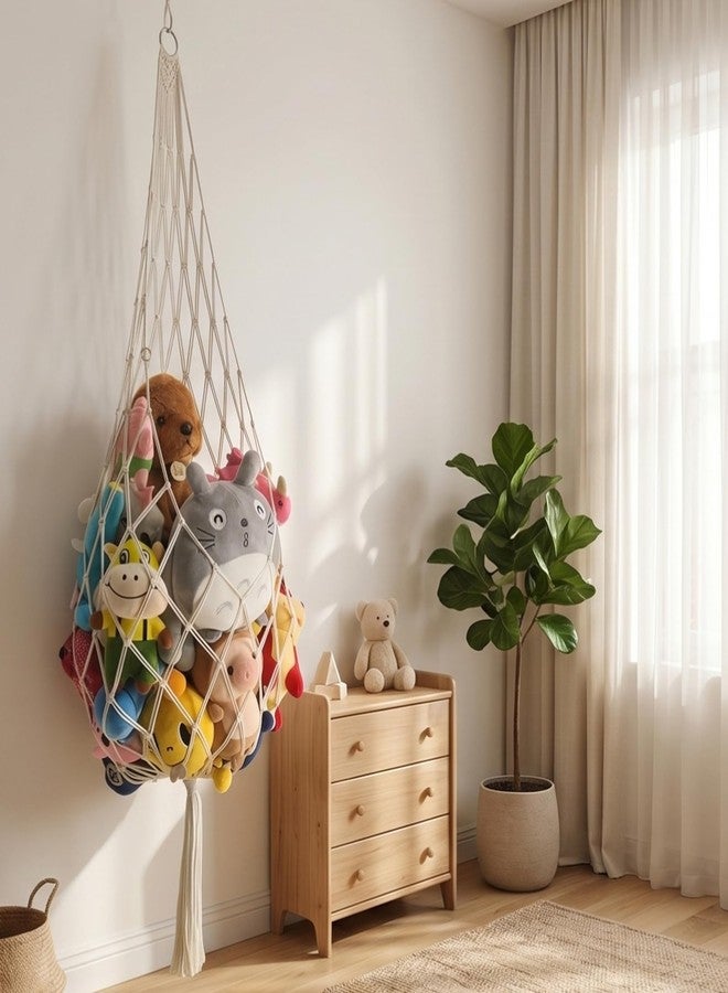 onepeng Stuffed Animal Storage Organizers Corner Hanging Stuffy Animal Hammock Macrame Toy Display Plush Toy Holder Wall, Kid Bedroom Decor Boho Nursery Playroom Organizer (Cream, 60inch) - Image 2