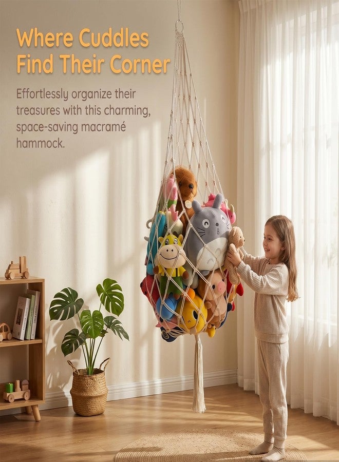 onepeng Stuffed Animal Storage Organizers Corner Hanging Stuffy Animal Hammock Macrame Toy Display Plush Toy Holder Wall, Kid Bedroom Decor Boho Nursery Playroom Organizer (Cream, 60inch) - Image 3