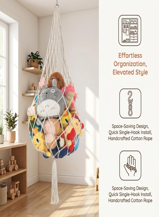 onepeng Stuffed Animal Storage Organizers Corner Hanging Stuffy Animal Hammock Macrame Toy Display Plush Toy Holder Wall, Kid Bedroom Decor Boho Nursery Playroom Organizer (Cream, 60inch) - Image 4