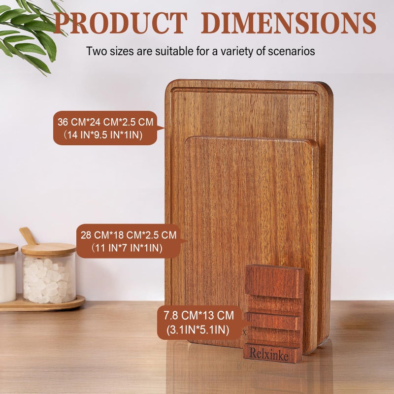 Relxinke Solid Teak Wood Cutting Board Set One Piece Non Glued Large Thick Crack Resistant Wooden Chopping Board with DeepJuice Grooves Built in Handles for Kitchen Meat Vegetable 14x9.5 IN &11X7 IN - Image 2
