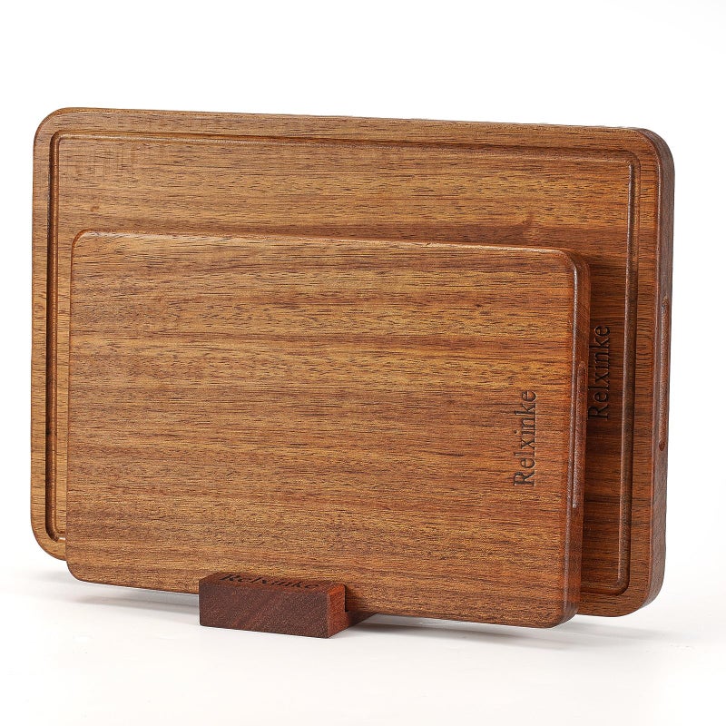 Relxinke Solid Teak Wood Cutting Board Set One Piece Non Glued Large Thick Crack Resistant Wooden Chopping Board with DeepJuice Grooves Built in Handles for Kitchen Meat Vegetable 14x9.5 IN &11X7 IN - Image 1