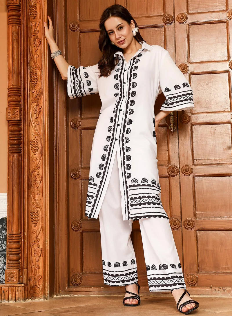 QISSA Women's Cream White Indie Flora Lined-Imprint Kurta Set For Ethnic Wear | Spread Collar Quarter Sleeve | Floral Placement Print Plain Fabric | 2 Piece Kurta Set Designed For Casual & Daily Wear