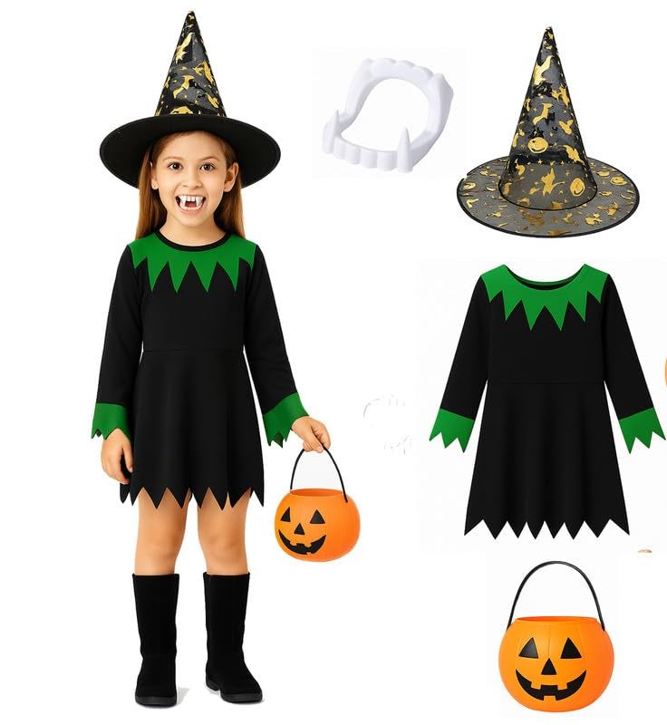 YUPPIN Witch Halloween Costume for Girls – Black & Green Fancy Dress Outfit with Hat,draculla Teeth & Pumpkin Bucket - Image 4