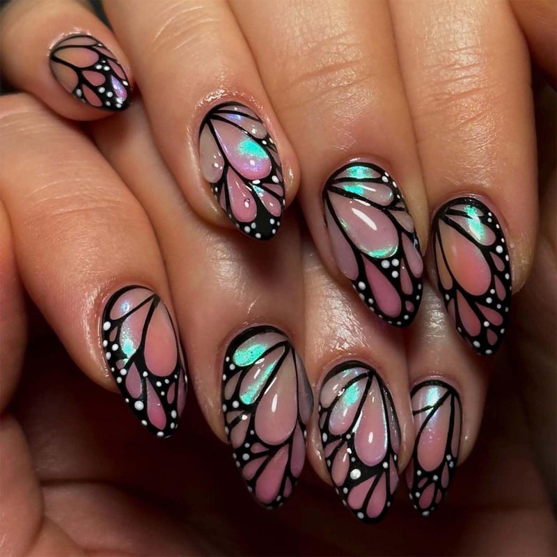 QQPPOLIU Medium Press on Nails Almond Shape with Butterfly Designs 3D Glue on Nails, 24pcs for Girl - Image 1