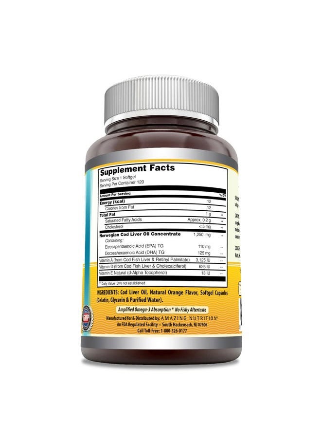 Amazing Nutrition - Amazing Omega Norwegian Cod Liver Oil 1250 mg 120 Softgels Supplement (Fresh Orange Flavor) - Image 1