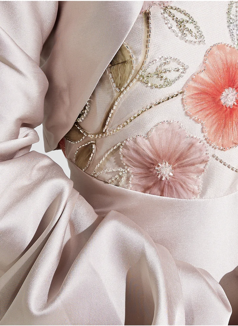 Namshi x Floral Embellished Dress With Ruched Cape