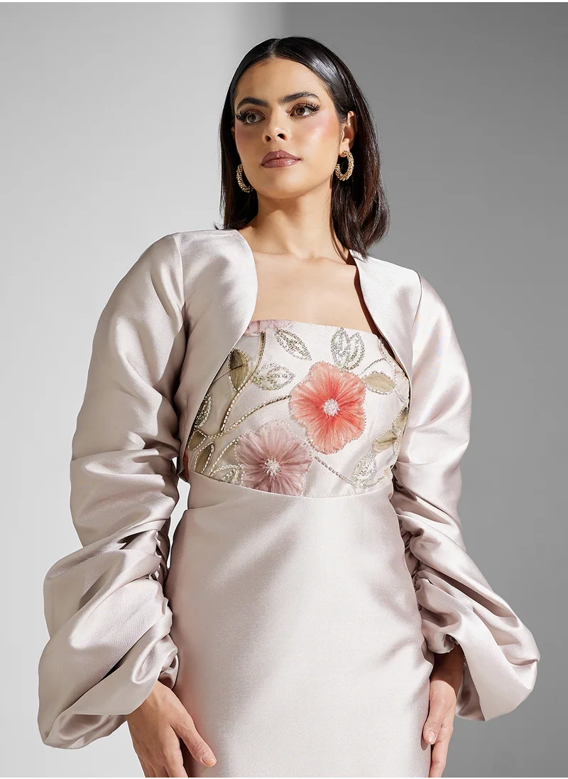 Namshi x Floral Embellished Dress With Ruched Cape
