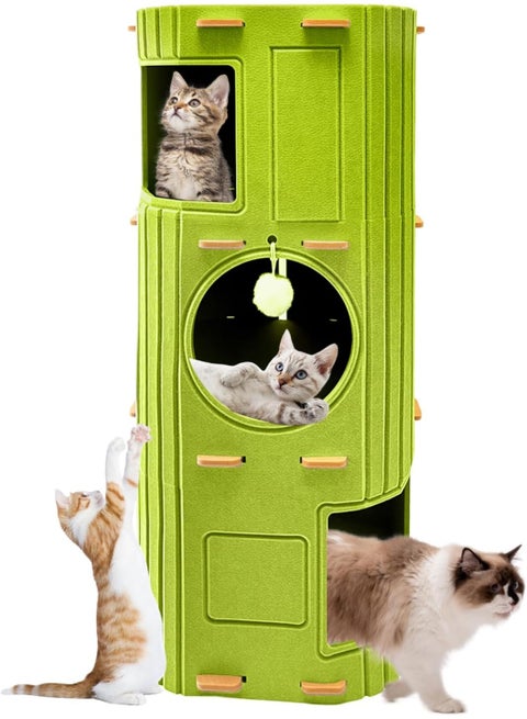 3-Tier Indoor Cat House – Large Felt Cat Cave Bed with Tunnel Hideaway, Multi-Cat Condo, Foldable Pet House for Rest & Play