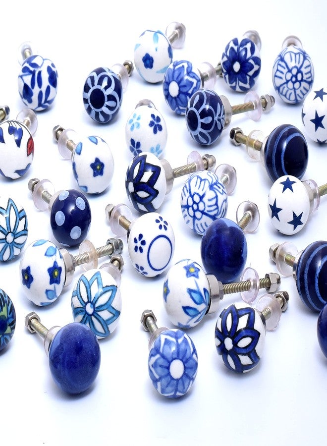 Indian-Shelf Blue Ceramic Cabinet Knobs- Dresser Knobs 25 Pack- Drawer Pulls- Vintage Knobs- Decorative Knobs- Blue Drawer Knobs- Kitchen Cabinet Knobs- Knobs Pulls- Blue White Cabinet Pulls- Door Handles 1" - Image 1
