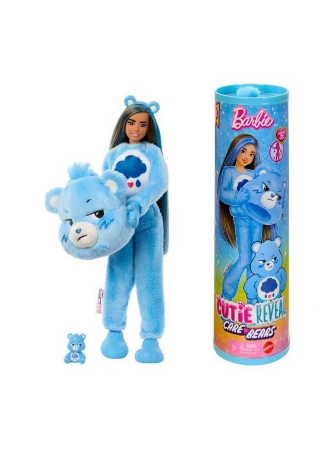 Mattel Barbie Cutie Reveal Care Bears Series Doll & Accessories in Grumpy Bear Plush Costume, 10 Surprises Baby Blue