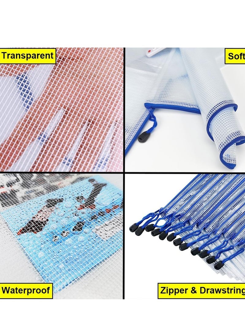 10 Pcs Zipper File Bags, Waterproof Plastic Mesh Pouch for Office School, Board Game Storage Bags (A4 Size 34 CM x 24 CM , White and Blue) - Image 3