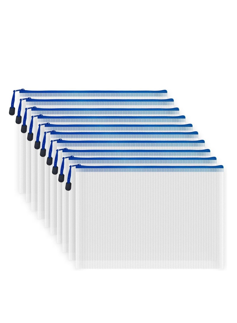10 Pcs Zipper File Bags, Waterproof Plastic Mesh Pouch for Office School, Board Game Storage Bags (A4 Size 34 CM x 24 CM , White and Blue) - Image 1