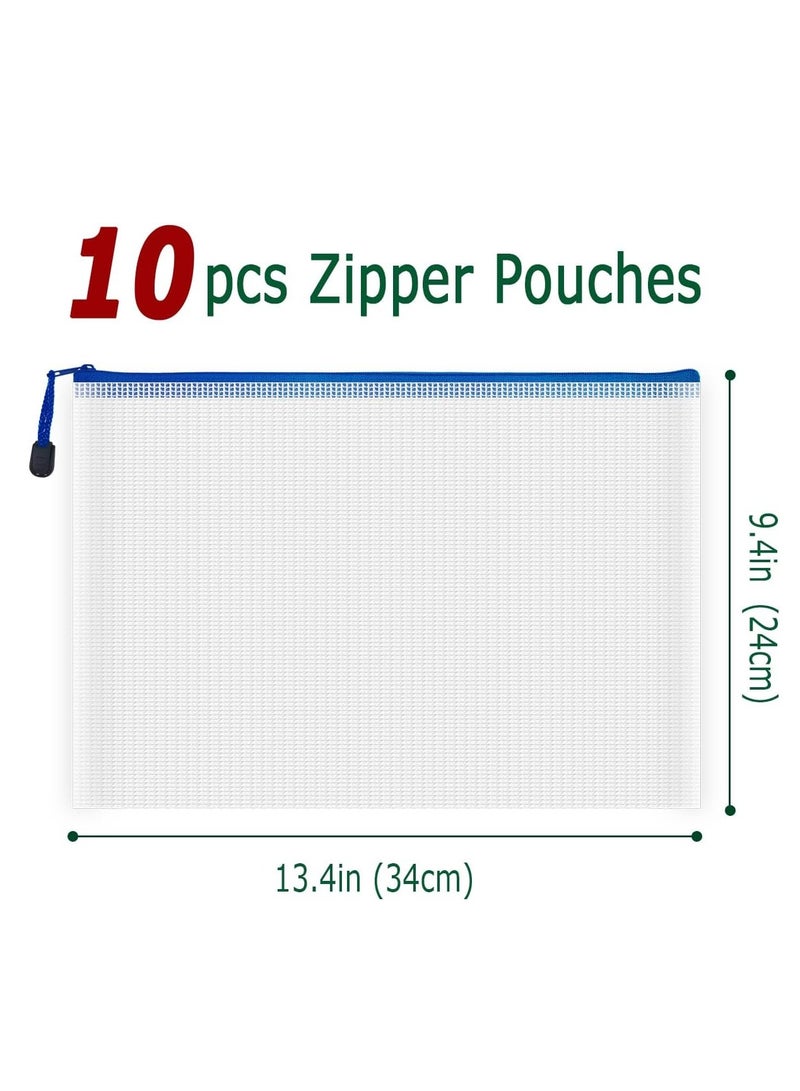 10 Pcs Zipper File Bags, Waterproof Plastic Mesh Pouch for Office School, Board Game Storage Bags (A4 Size 34 CM x 24 CM , White and Blue) - Image 2
